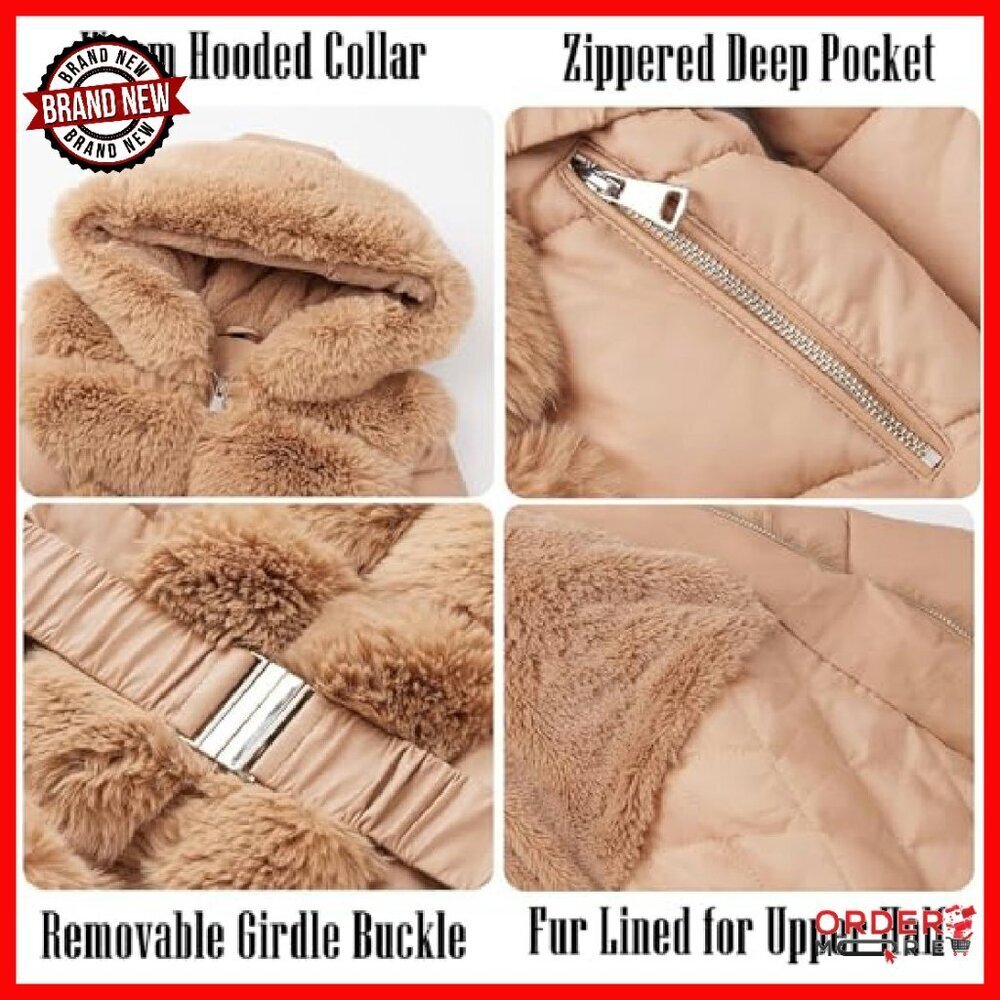 Women's Winter Puffer Coat with Fur Hood, Faux Leather, Belted, Size Available - Picture 5 of 8